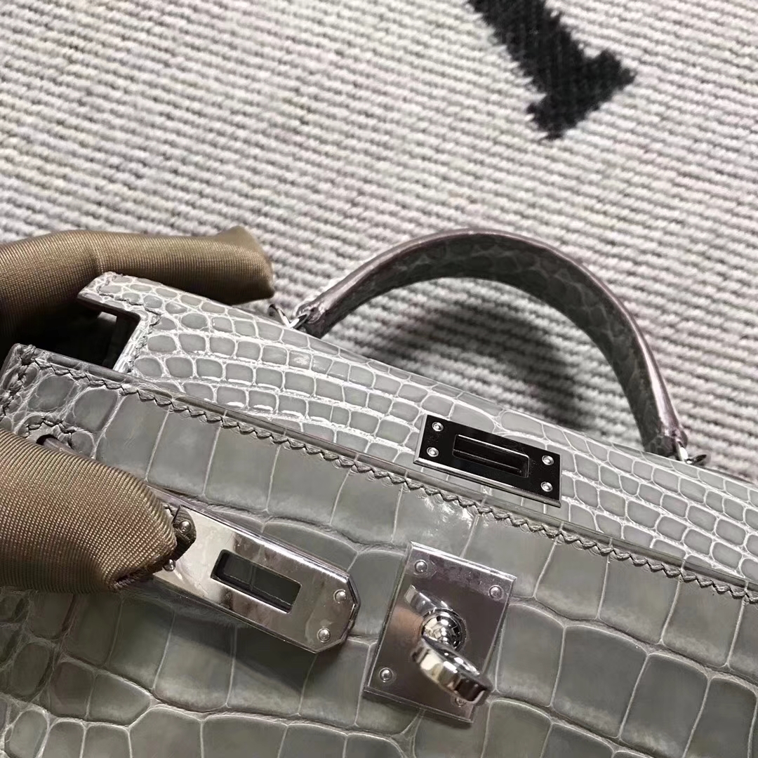 Hermès（爱马仕）亮面美洲鳄鱼mini 2代 斑鸠灰