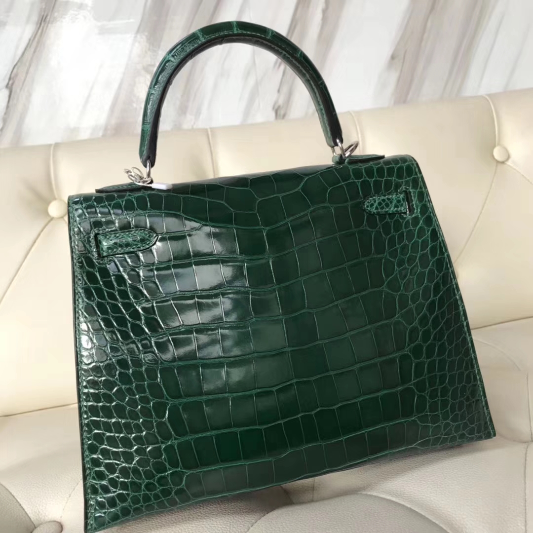 Hermès（爱马仕）Kelly25cm Alligator shiny 亮面鳄鱼 ck67 祖母绿 vert fonce 银扣