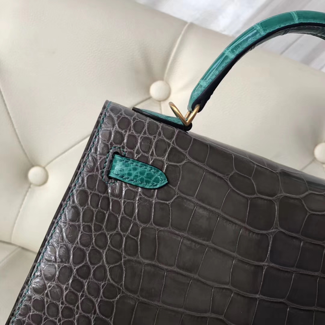 Hermès（爱马仕）Kelly shiny alligator crocodile 亮面框框鳄鱼 ck81斑鸠灰拼6Q翡翠绿 25cm