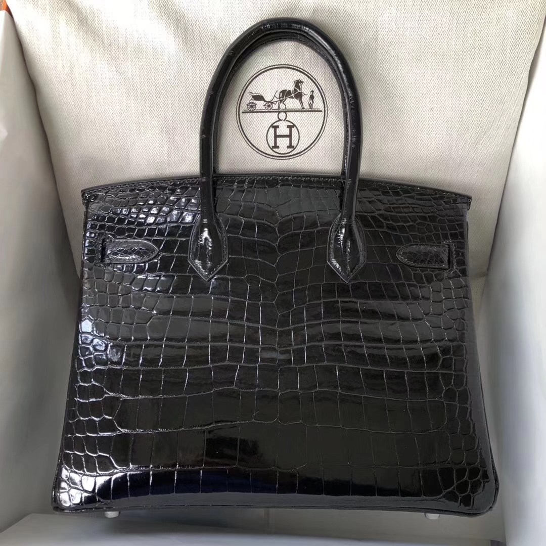 Hermès（爱马仕）Birkin30cm Porosus shiny 亮面澳洲湾鳄 ck89 黑色 银扣