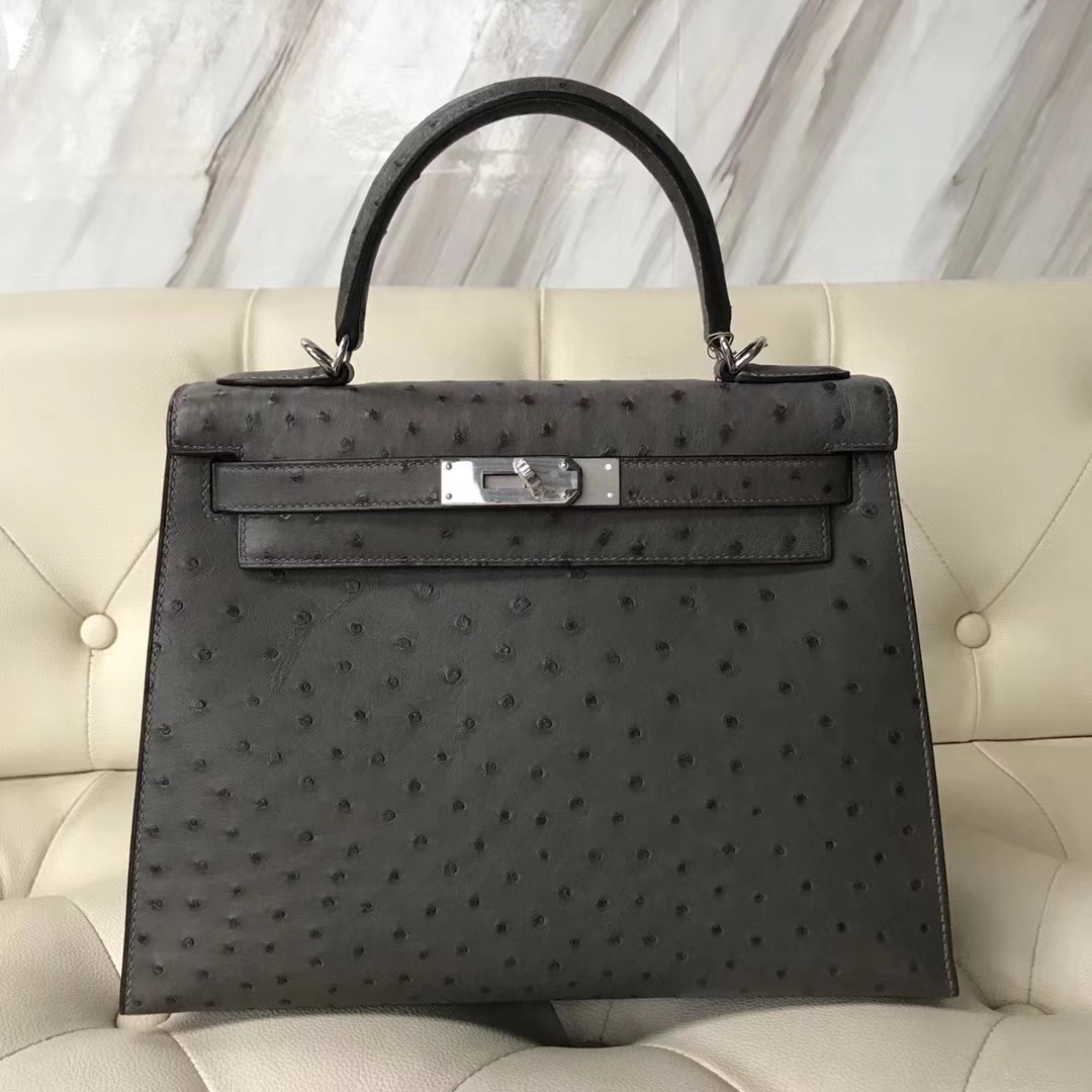 Hermès（爱马仕）Kelly28cm ostrich kk鸵鸟  顶级鸵鸟皮 锡器灰 接受定制