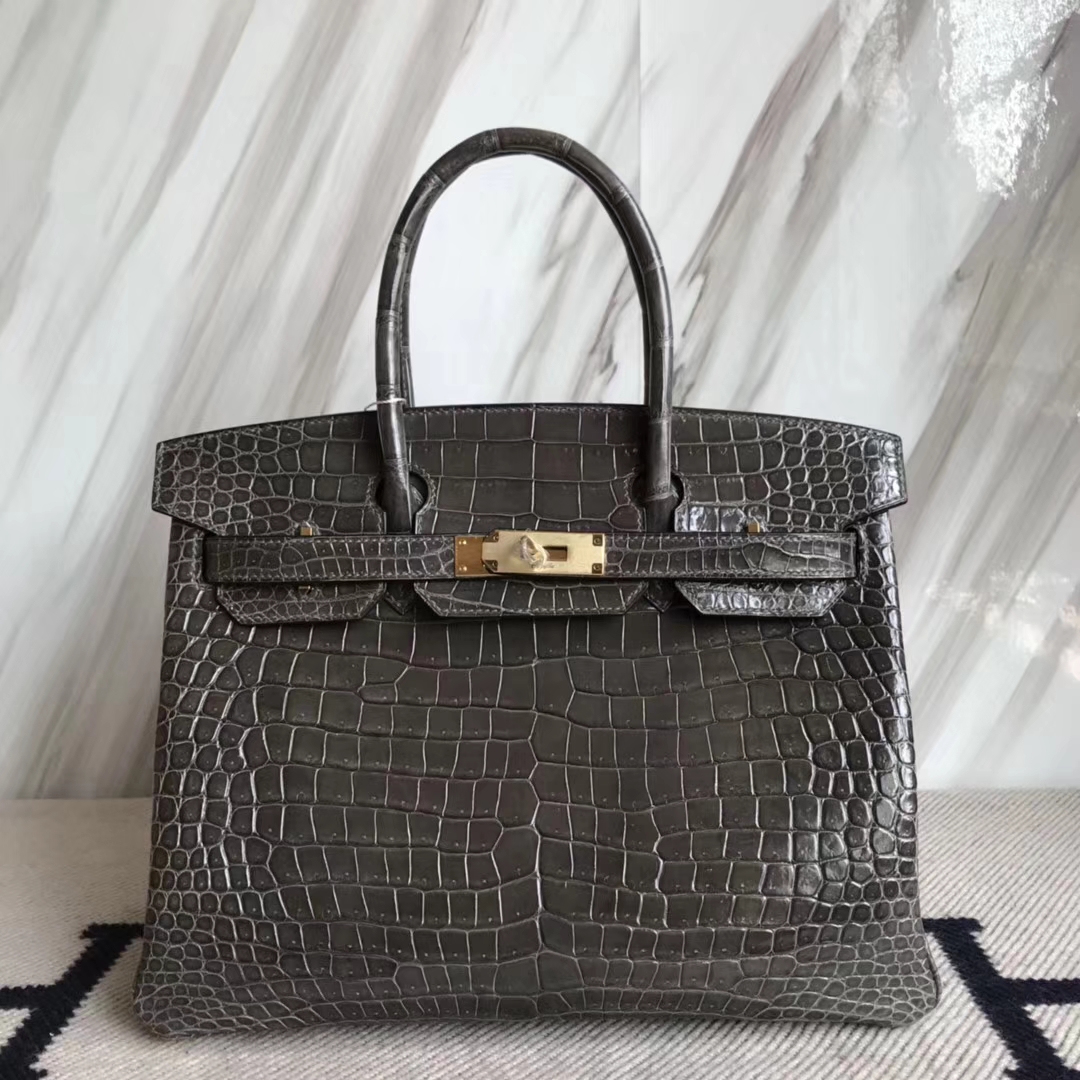 Hermès（爱马仕）Birkin30cm Porosus shiny 亮面澳洲湾鳄  ck88 石墨灰 graphite 金扣