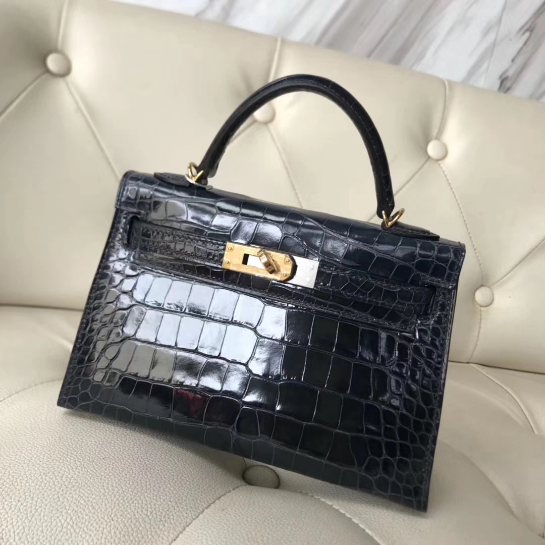 Hermès（爱马仕）Minikelly ll Alligator shiny 亮面鳄鱼 77k 深海蓝 blue indgo 金扣