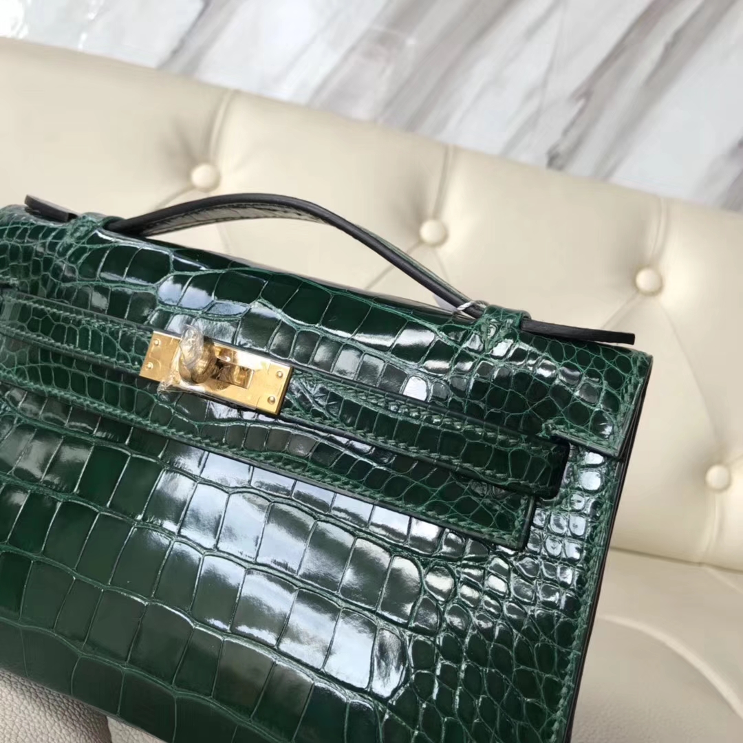 Hermès（爱马仕）Minikelly pochette 亮面鳄鱼 ck67 祖母绿 金扣 手拿包 晚宴包 22cm