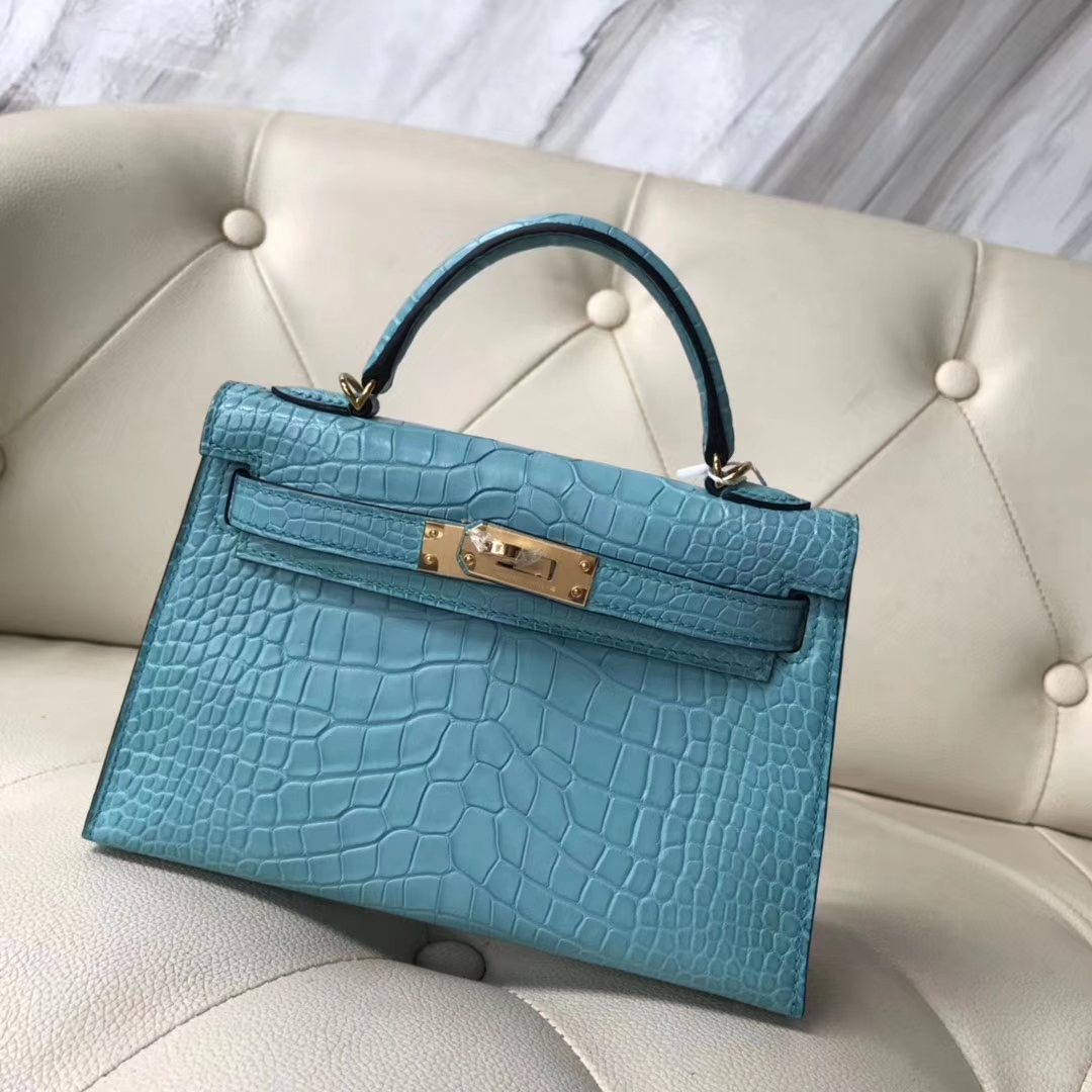 Hermès（爱马仕）Minikelly ll Alligator matt 雾面鳄鱼 3Z 圣西尔蓝 金扣
