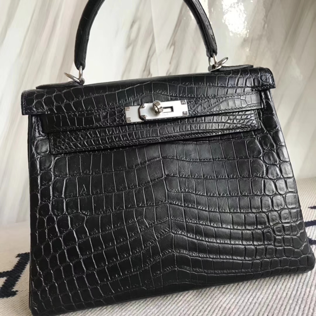 Hermès(爱马仕)Kelly雾面两点尼罗鳄 ck89黑色 顶级工艺 蜡线全手工 银扣 28cm-拉尔森鳄鱼皮具定制 - 爱马仕包包官网 Hermès(爱马仕)Kelly雾面两点尼罗鳄 ck89黑色 顶级工艺 蜡线全手工 银扣 28cm