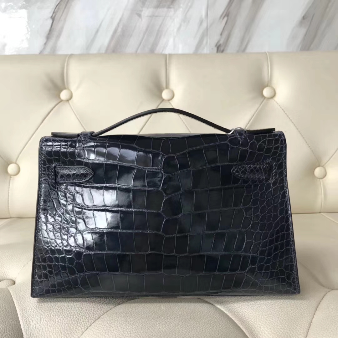 Hermès（爱马仕）Minikelly pochette 亮面鳄鱼 7k 深海蓝 银扣 手拿包 晚宴包 22cm