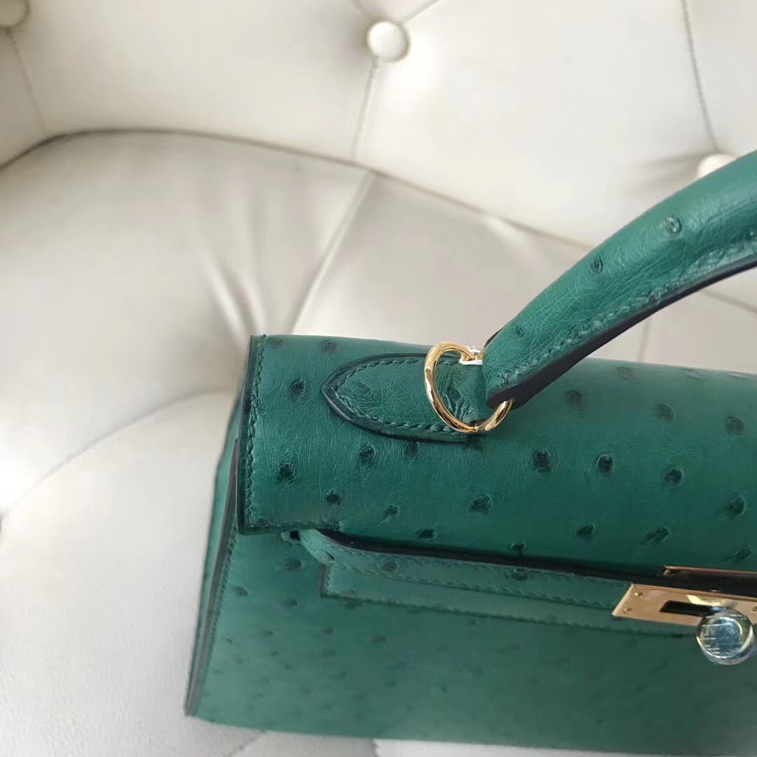 Hermès（爱马仕）Kelly ostrich kk鸵鸟 U4丝绒绿 顶级工艺 蜡线全手工 金扣 25cm