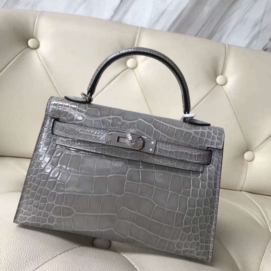 Hermès（爱马仕）Minikelly ll Alligator shiny 亮面鳄鱼 m8 巴黎灰 银扣
