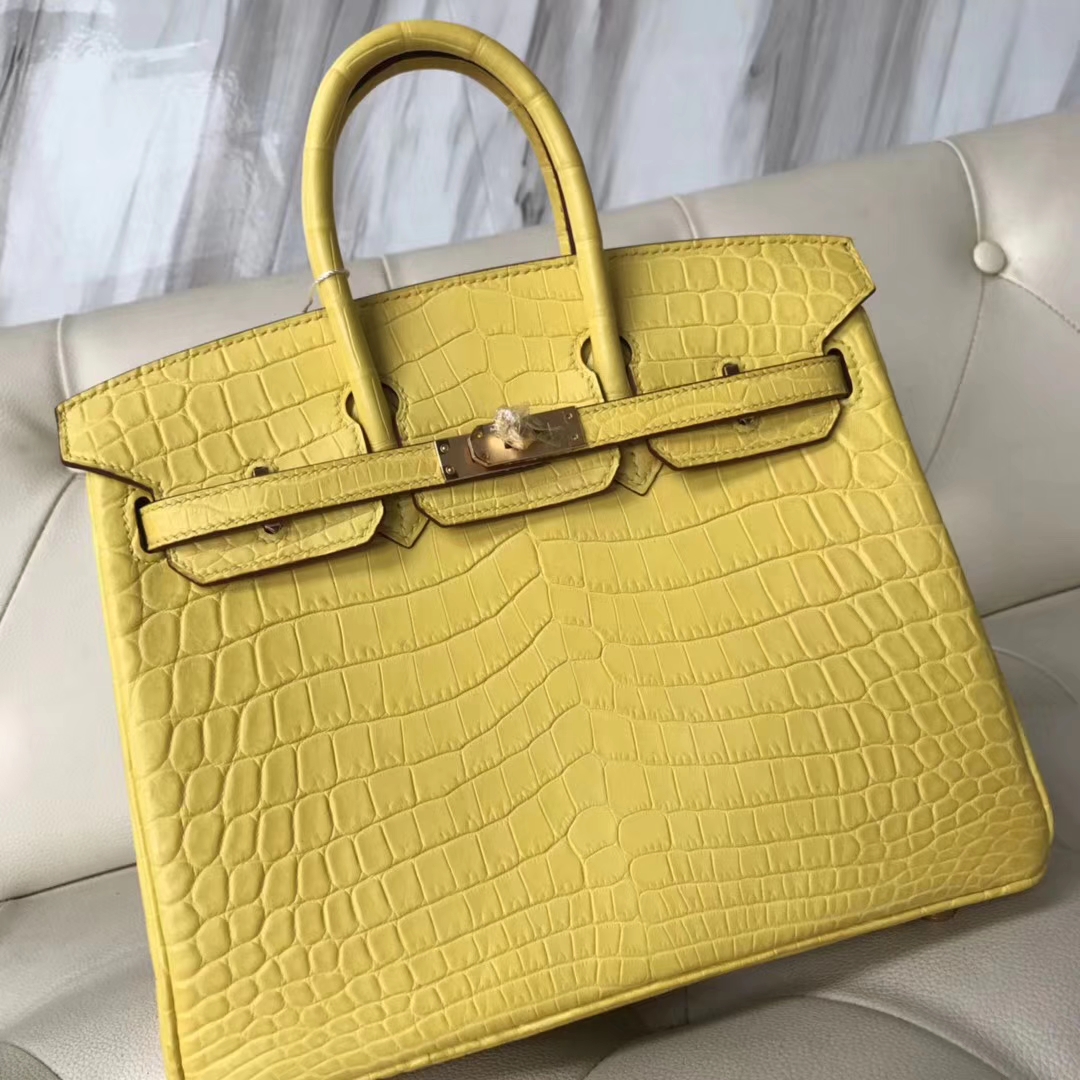 Hermès（爱马仕）Birkin铂金包 雾面鳄鱼 9R 柠檬黄 金扣 小可爱 25cm