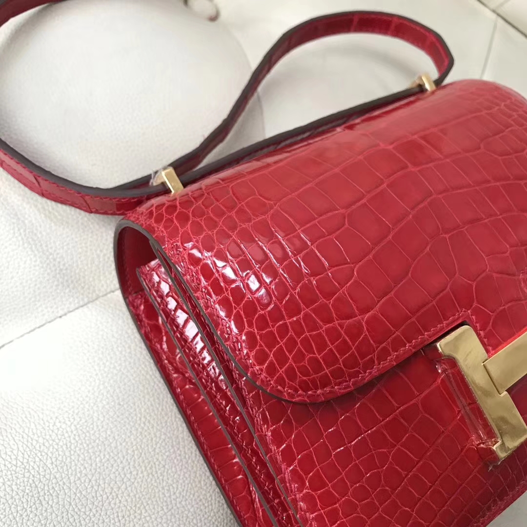 Hermès（爱马仕）Constance 19cm shiny alligator crocodile ck95法拉利红 蜡线全手工