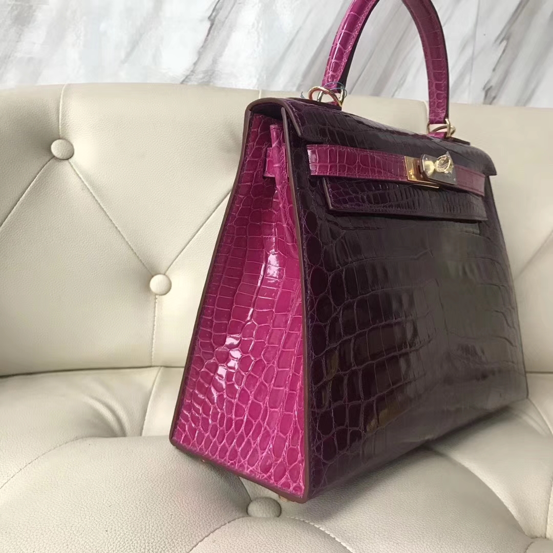 Hermès（爱马仕）Kelly shiny crocodile 亮面尼罗鳄 N5加仑紫拼J5天方夜谭粉紫 金扣 28cm
