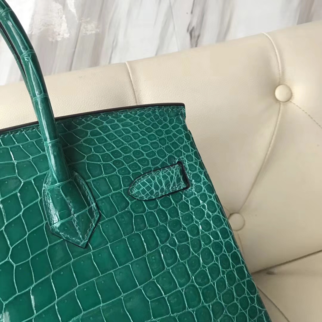 Hermès（爱马仕）Birkin30cm shiny porosus crocodile 亮面澳洲湾鳄 6Q翡翠绿 蜡线全手工 金扣