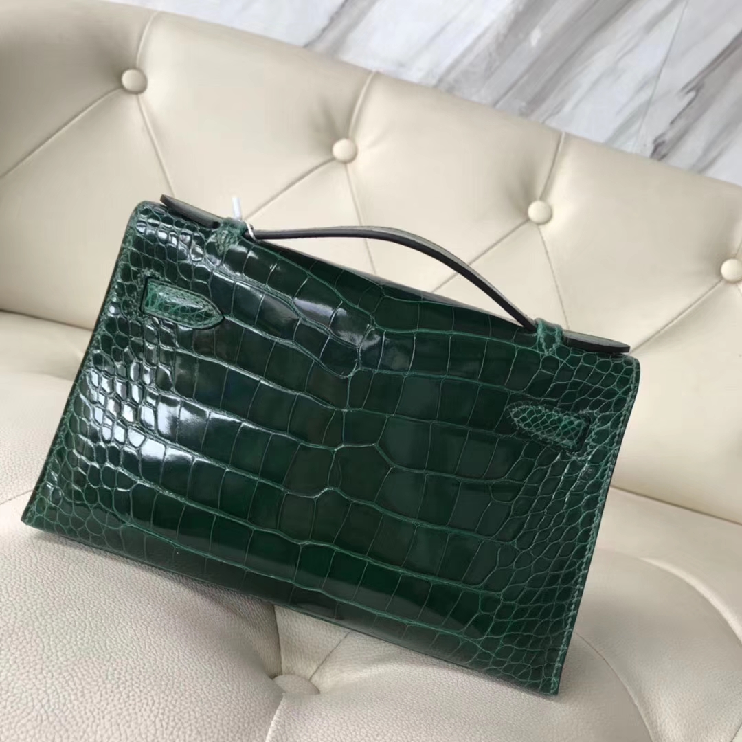 Hermès（爱马仕）Minikelly pochette 亮面鳄鱼 ck67 祖母绿 金扣 手拿包 晚宴包 22cm