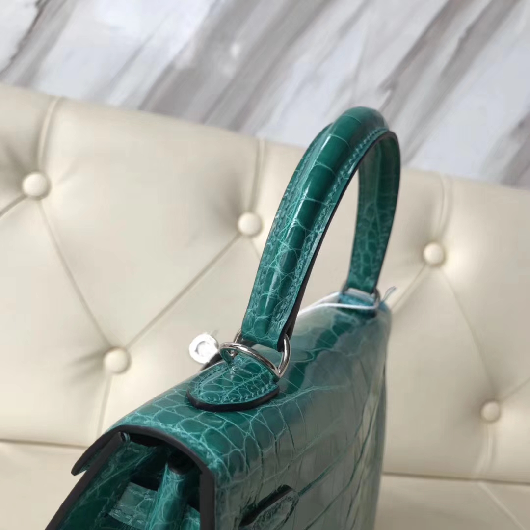 Hermès（爱马仕）Kelly25cm Alligator shiny 亮面方块鳄鱼 6Ｑ 翡翠绿 银扣