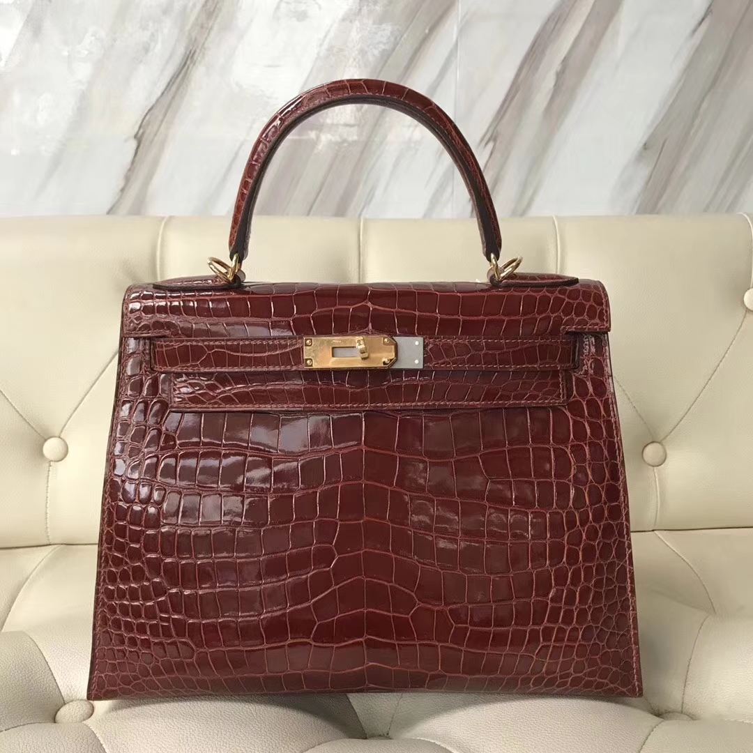 Hermès（爱马仕）Kelly28cm shiny porosus crocodile 澳洲湾鳄 ck31蜜糖棕 蜡线全手工
