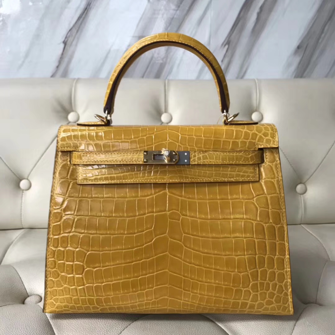 Hermès（爱马仕）Kelly25cm shiny nilo crocodile 亮面尼罗鳄 9D琥珀黄 顶级工艺 全手工蜜蜡线缝 金扣