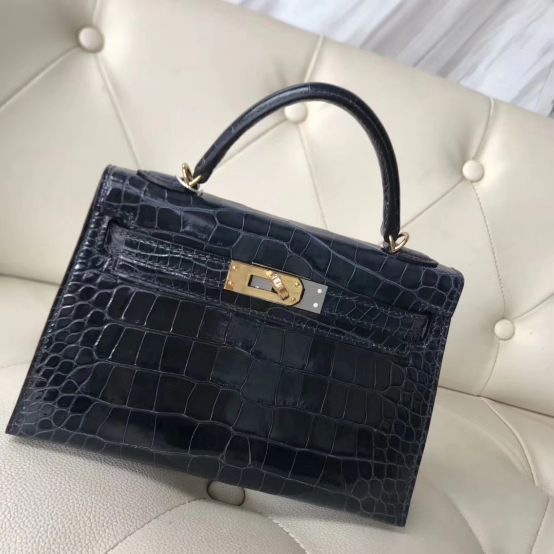 Hermès（爱马仕）Minikelly ll Alligator shiny 亮面鳄鱼 77k 深海蓝 blue indgo 金扣