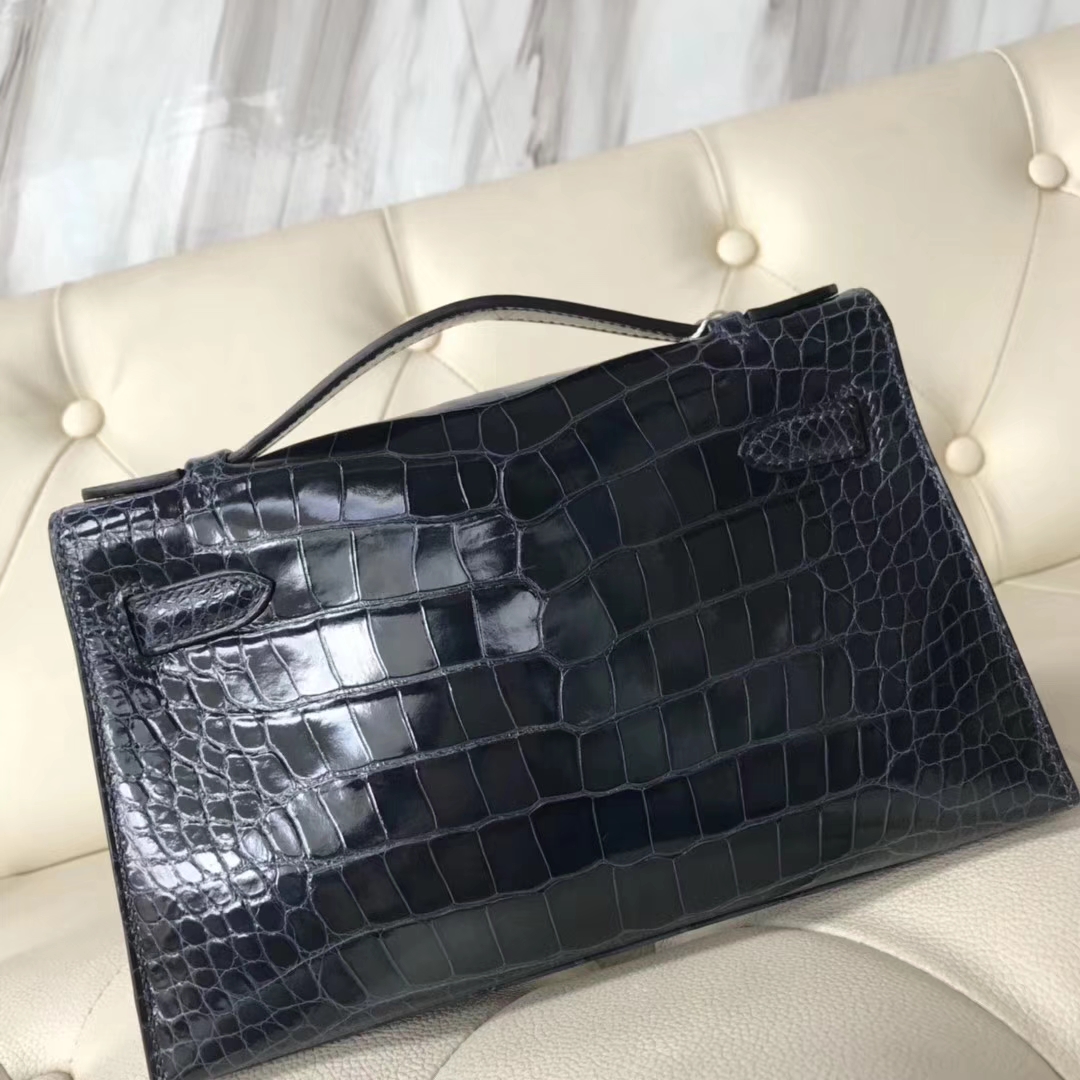Hermès（爱马仕）Minikelly pochette 亮面鳄鱼 7k 深海蓝 银扣 手拿包 晚宴包 22cm