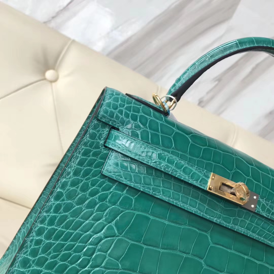 Hermès（爱马仕）Kelly25cm Alligator shiny 亮面方块鳄鱼 6Ｑ 翡翠绿 金扣