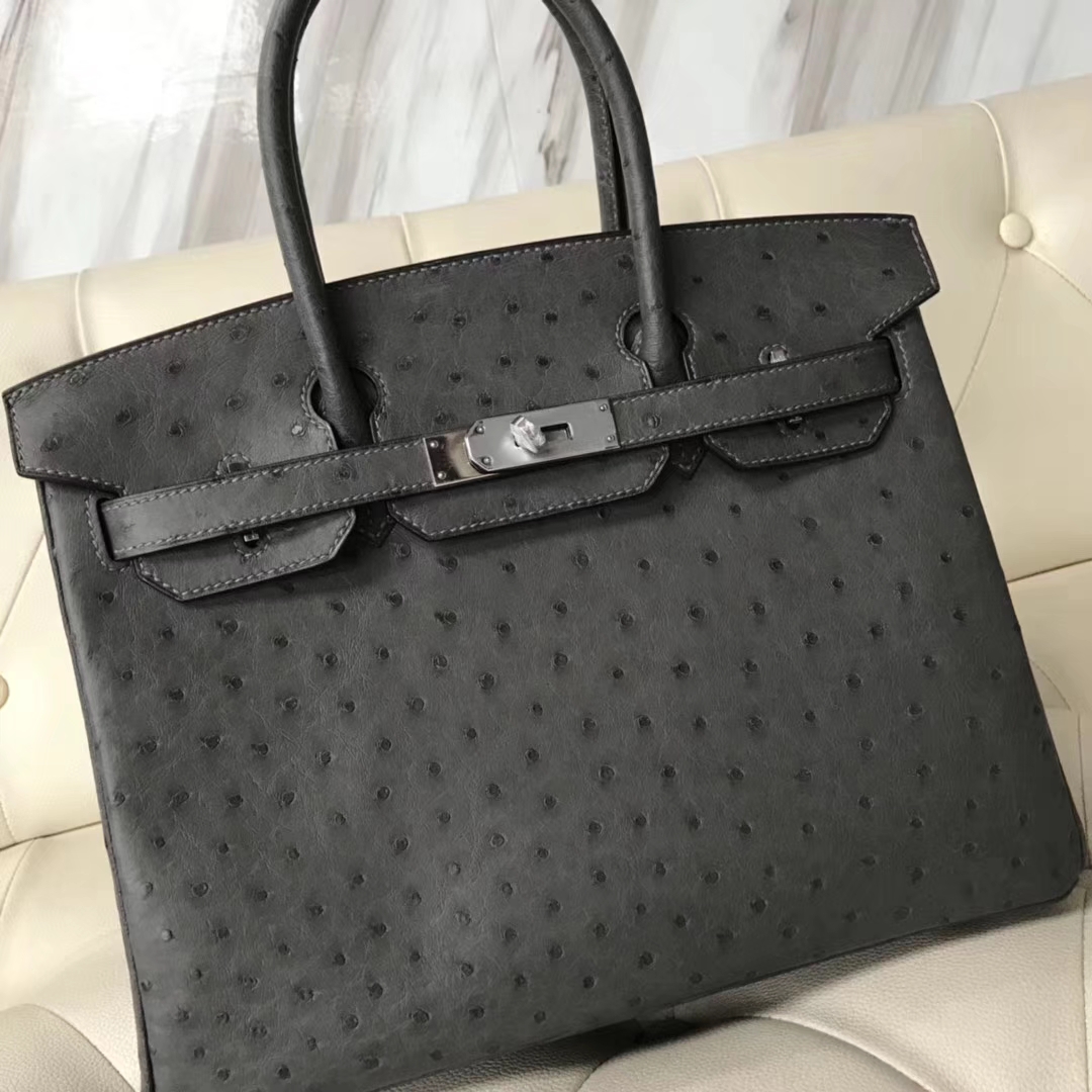 Hermès(爱马仕)Birkin30cm Ostrich Kk鸵鸟 8F锡器灰 银扣-拉尔森鳄鱼皮具定制 - 爱马仕包包官网 Hermès(爱马仕)Birkin30cm Ostrich Kk鸵鸟 8F锡器灰 银扣