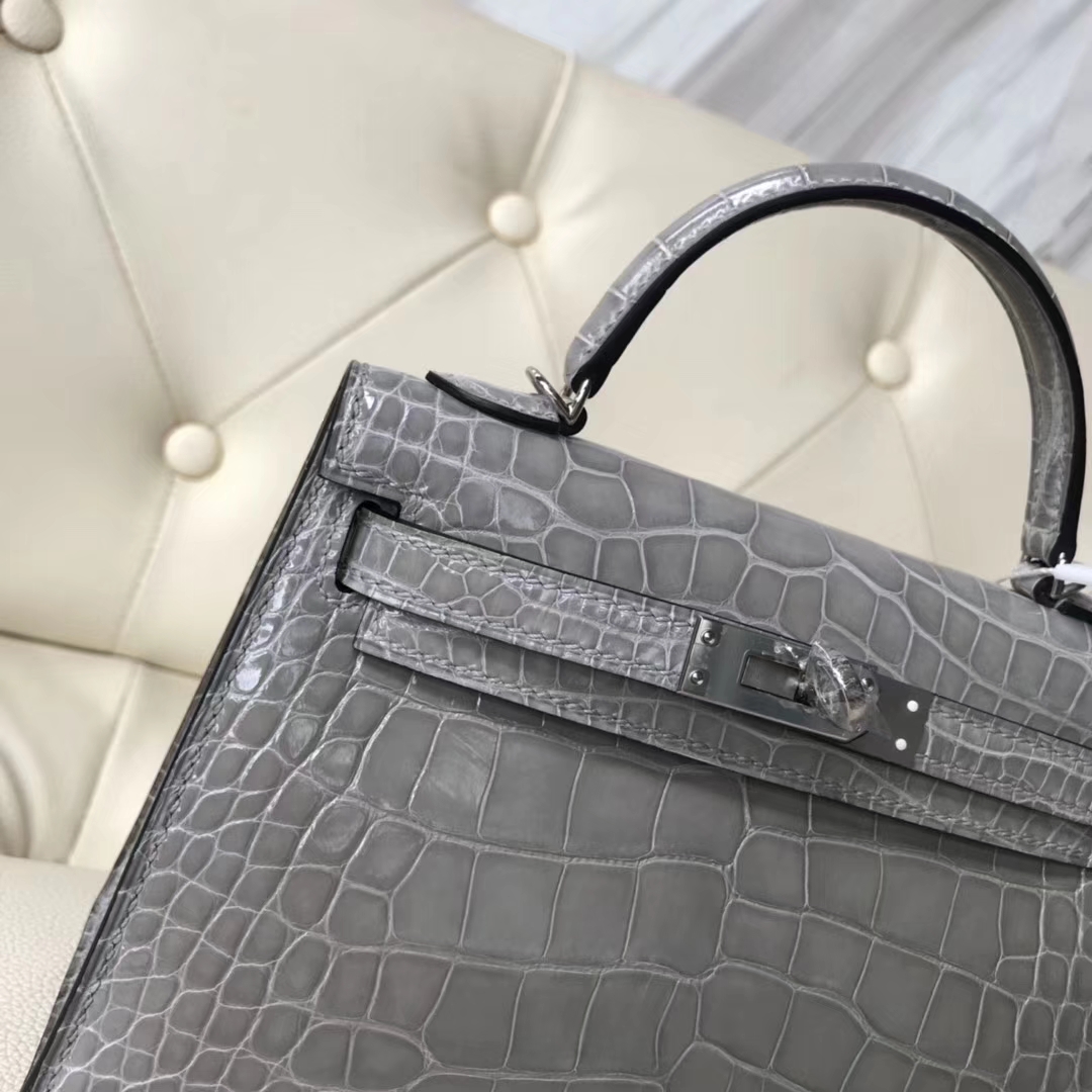 Hermès（爱马仕）Minikelly ll Alligator shiny 亮面鳄鱼 m8 巴黎灰 银扣