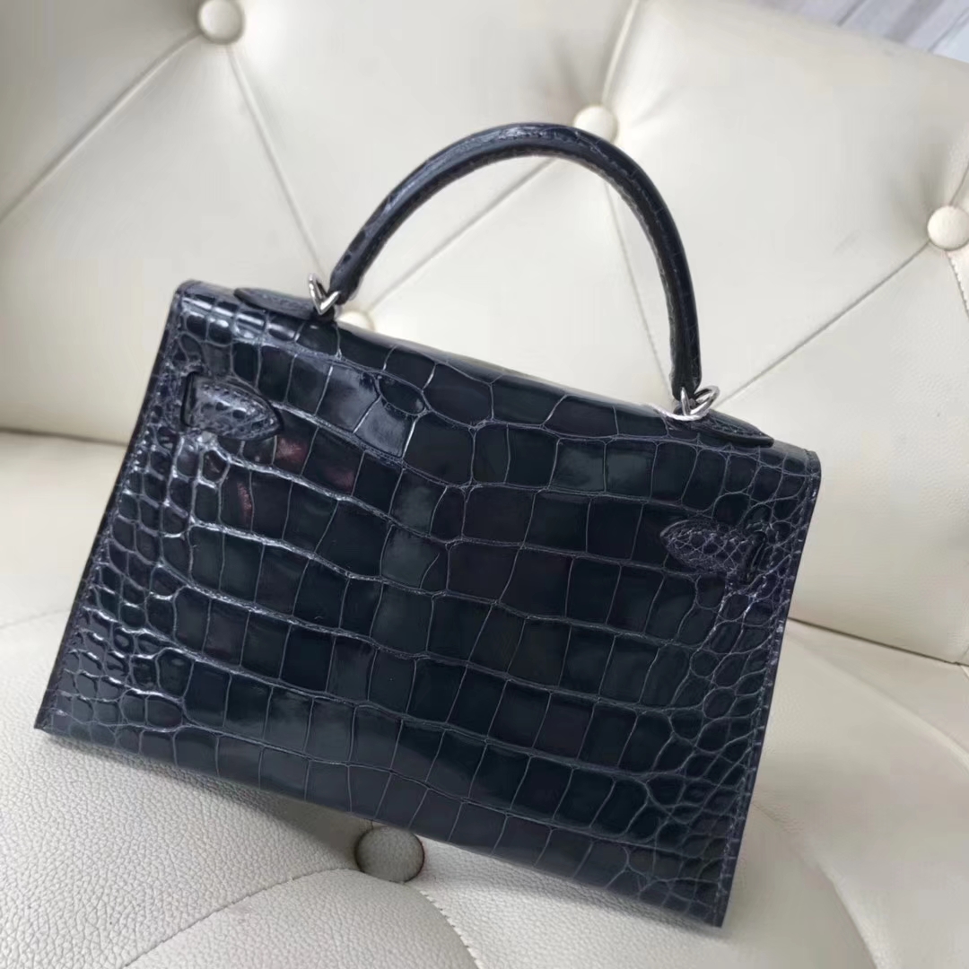 Hermès（爱马仕）Minikelly ll Alligator shiny 亮面鳄鱼 77k 深海蓝 blue indgo 银扣