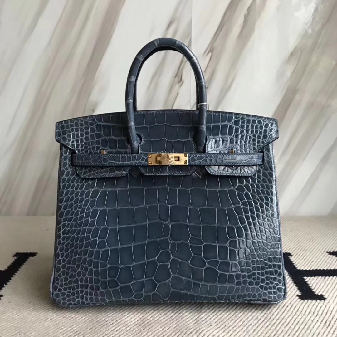 Hermès（爱马仕）Birkin25cm Alligator shiny 亮面鳄鱼 1p 鸭子蓝 金扣