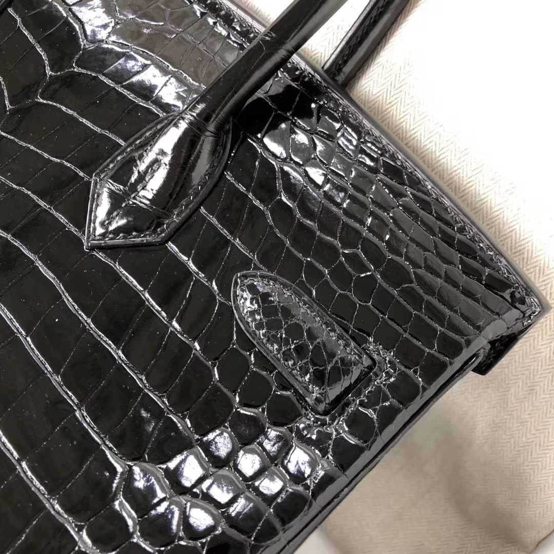 Hermès（爱马仕）Birkin30cm Porosus shiny 亮面澳洲湾鳄 ck89 黑色 银扣