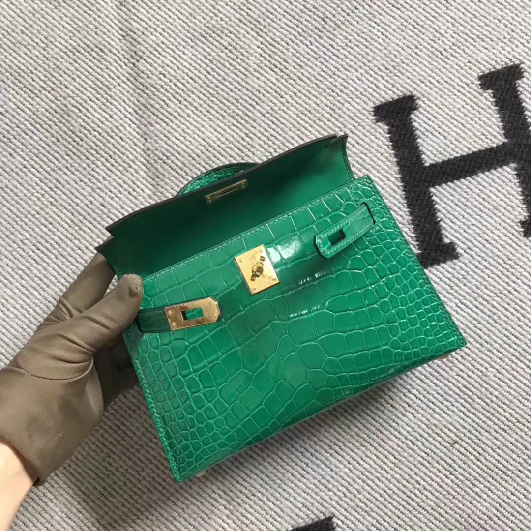 Hermès（爱马仕）亮面美洲鳄鱼 mini 2代 翡翠绿 金扣