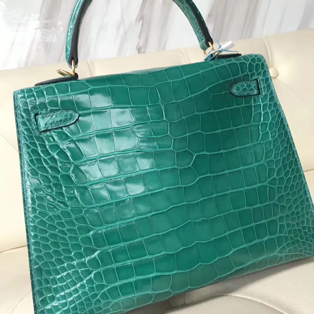Hermès（爱马仕）Kelly25cm Alligator shiny 亮面方块鳄鱼 6Ｑ 翡翠绿 金扣