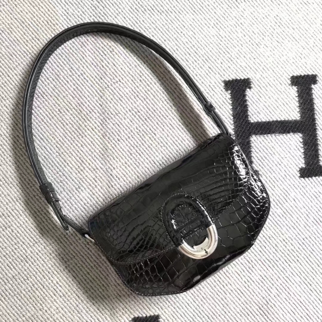 Hermès（爱马仕）Cherche midi  黑色银扣 美洲鳄新款 20cm