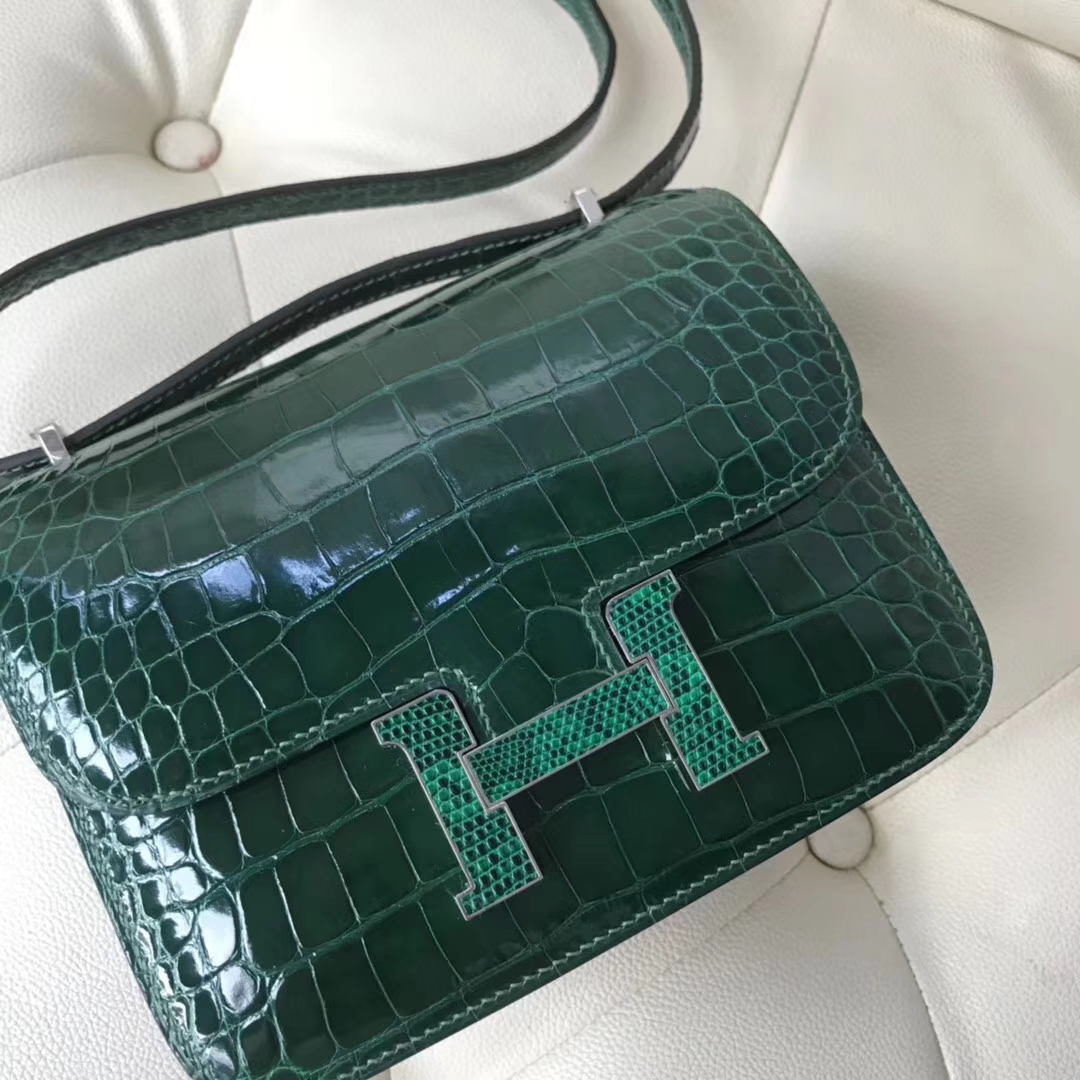 Hermès（爱马仕）Constance Alligator shiny  ck67祖母绿 vert fonce 蜥蜴扣 超特别 18cm