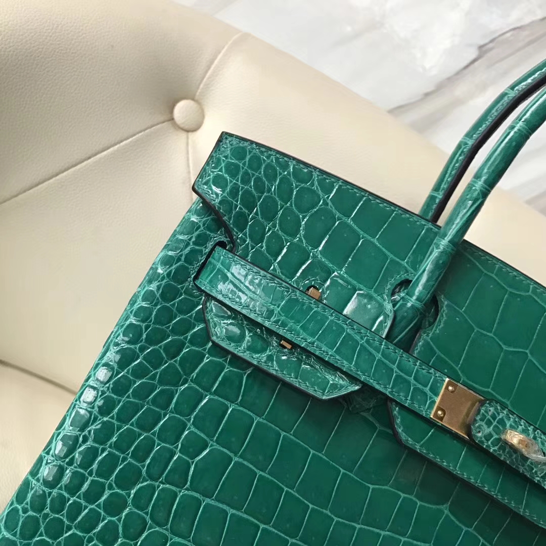 Hermès（爱马仕）Birkin30cm shiny porosus crocodile 亮面澳洲湾鳄 6Q翡翠绿 蜡线全手工 金扣