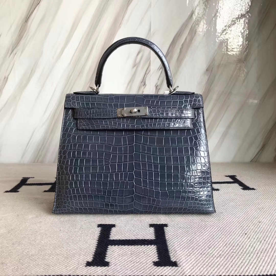 Hermès（爱马仕）Kelly 澳洲湾鳄 N7风暴蓝 顶级工艺 蜡线全手工银扣 28cm