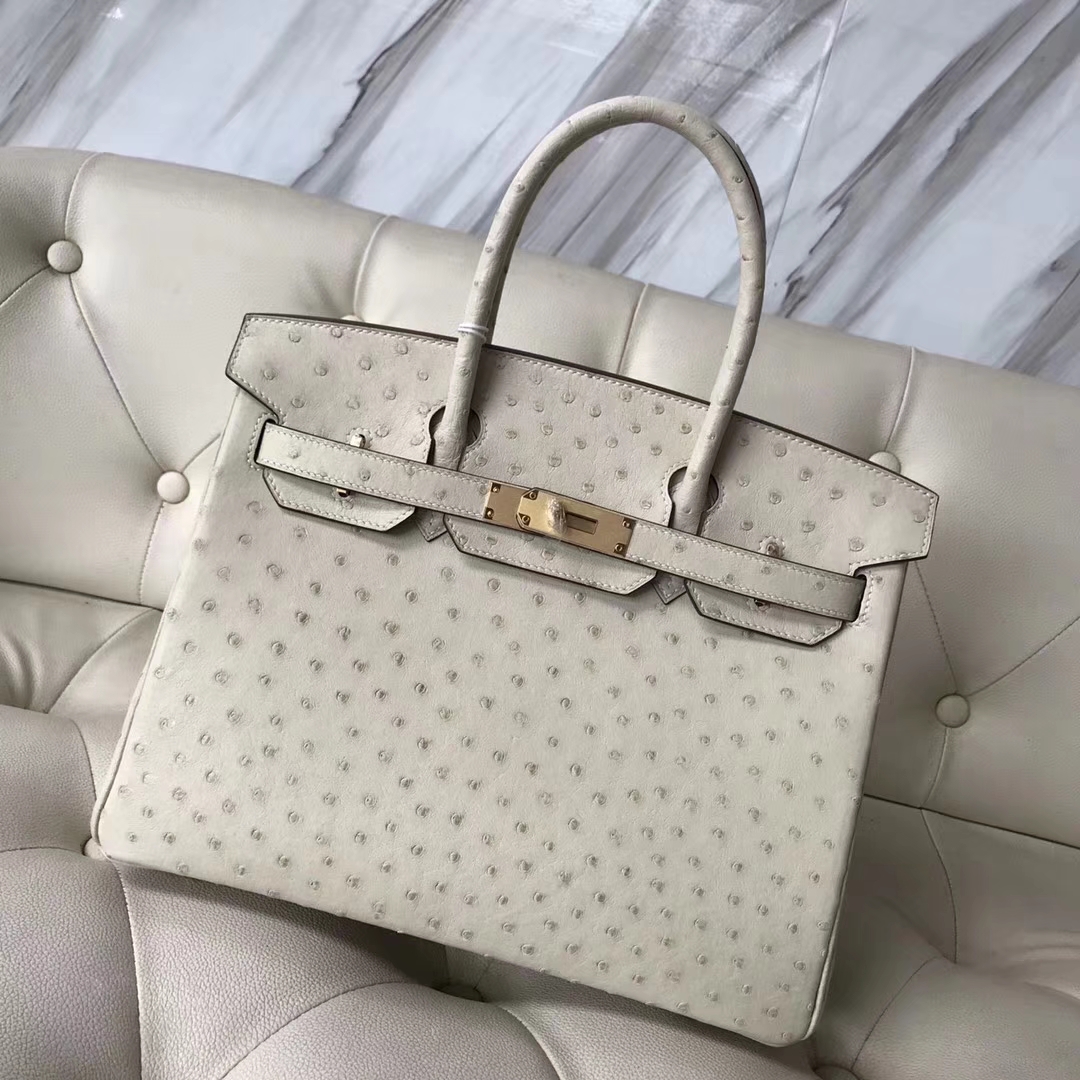 Hermès（爱马仕）Birkin Ostrich kk鸵鸟 3C 羊毛白 金扣 30cm