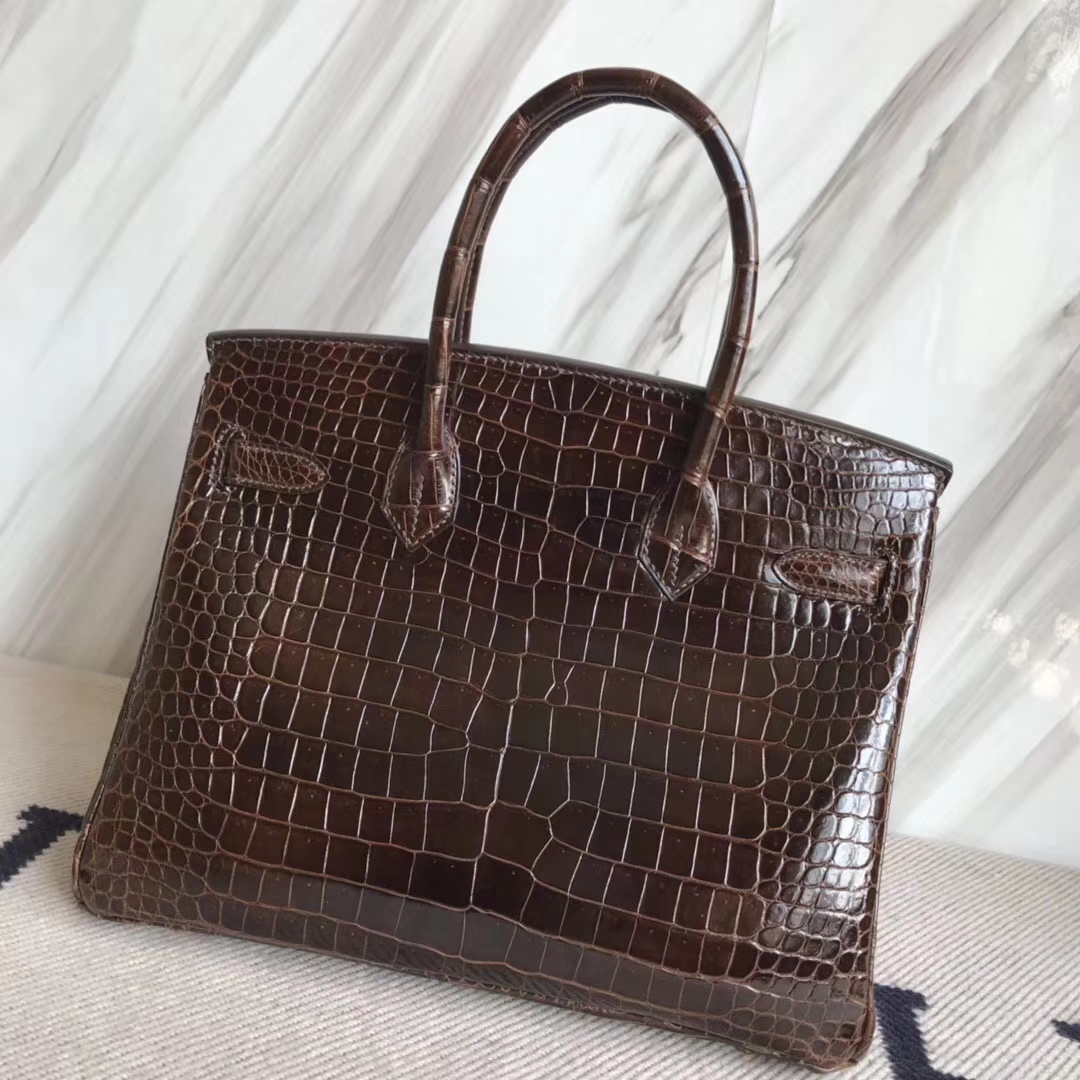 Hermès（爱马仕）Birkin30cm Porosus shiny 亮面澳洲湾鳄  咖啡色 巧克力色 金扣