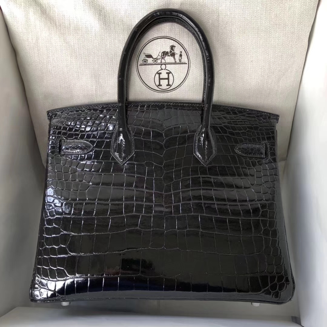 Hermès（爱马仕）Birkin30cm Porosus shiny 亮面澳洲湾鳄 ck89 黑色 银扣