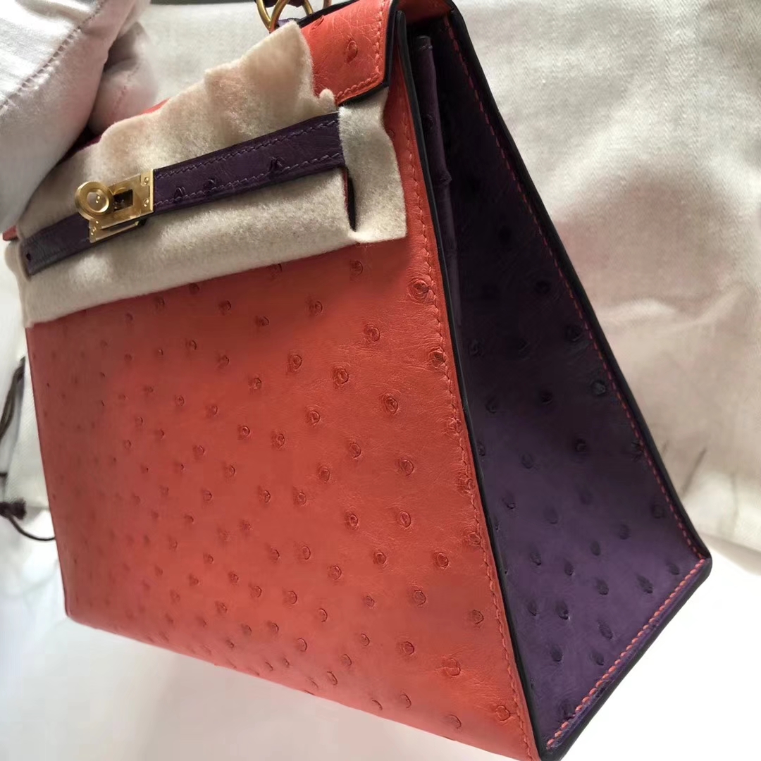 Hermès（爱马仕）Kelly Ostrich kk 鸵鸟 A5 杜鹃红 9w 梦幻紫 金扣 马蹄印 25cm