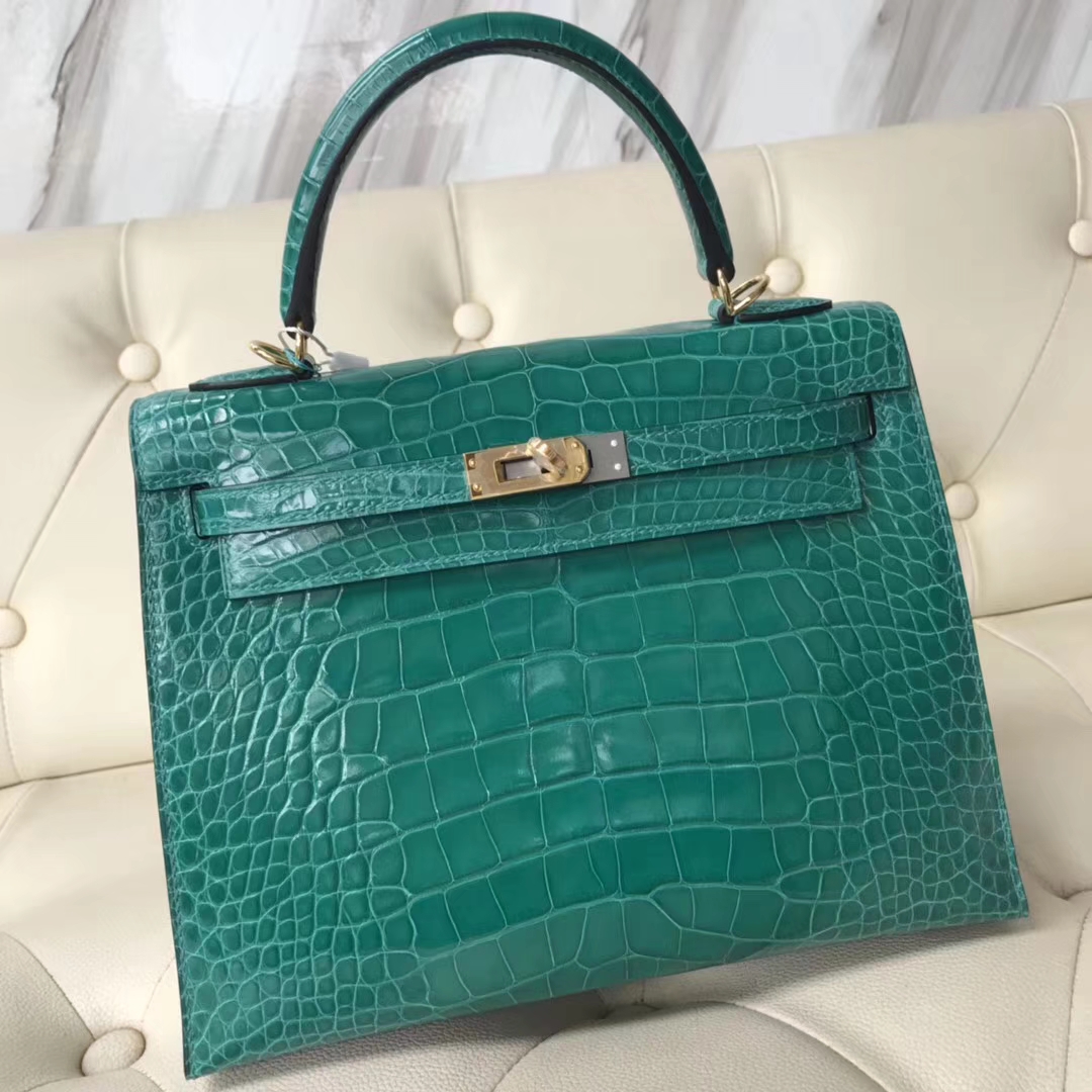 Hermès（爱马仕）Kelly25cm Alligator shiny 亮面方块鳄鱼 6Ｑ 翡翠绿 金扣
