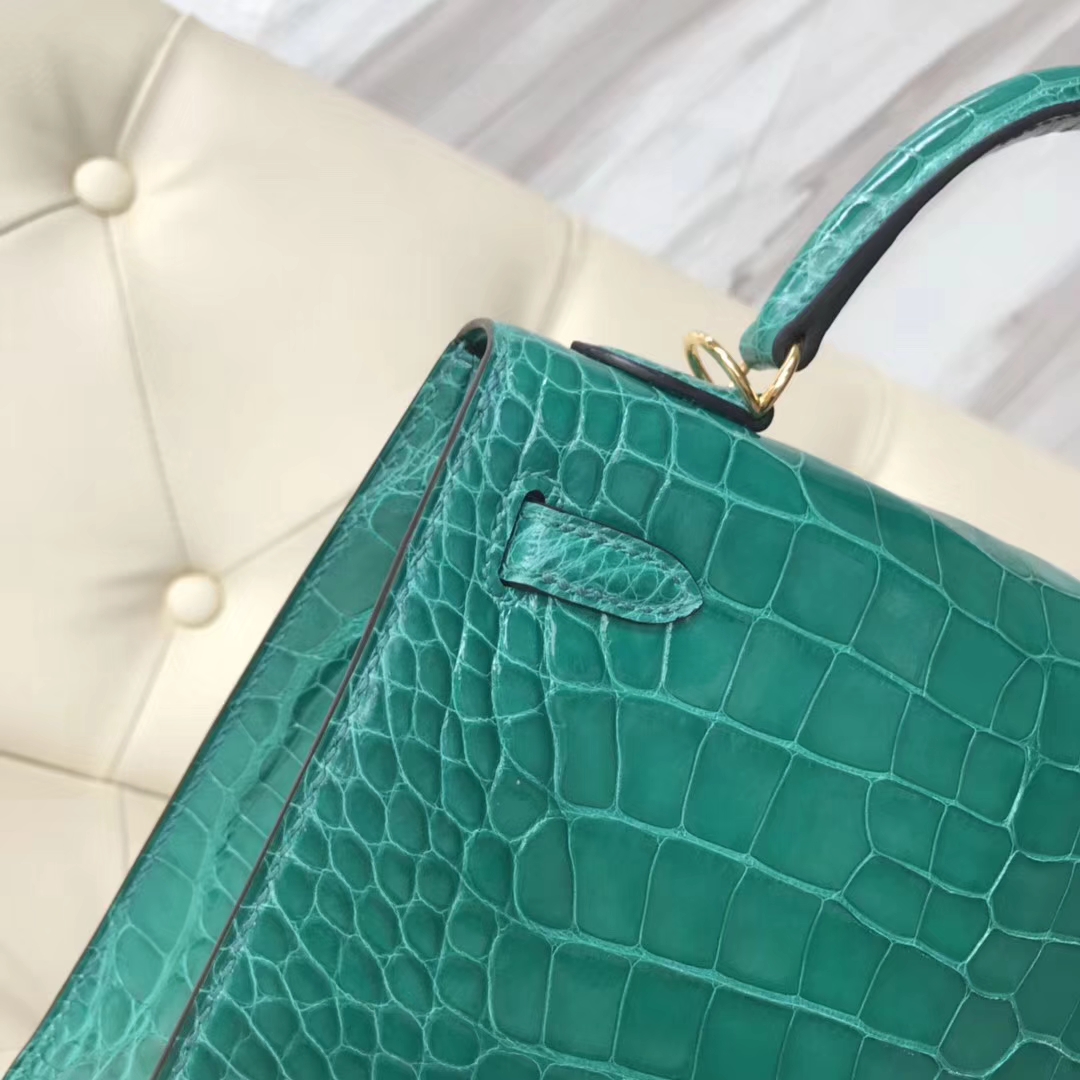 Hermès（爱马仕）Kelly25cm Alligator shiny 亮面方块鳄鱼 6Ｑ 翡翠绿 金扣