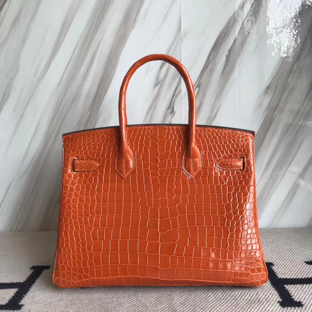Hermès（爱马仕）Birkin30cm shiny porosus crocodile 澳洲湾鳄 8V栗罂橙 原厂御用HCp 蜡线全手工 金扣