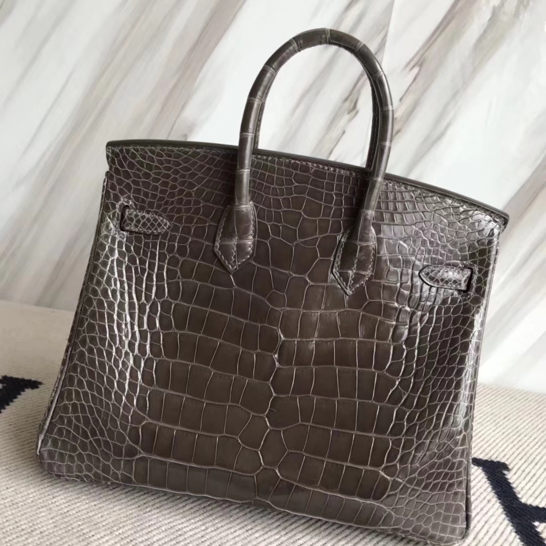Hermès（爱马仕）Birkin25cm Alligator shiny 亮面鳄鱼 88  石墨灰 Graphite 金扣