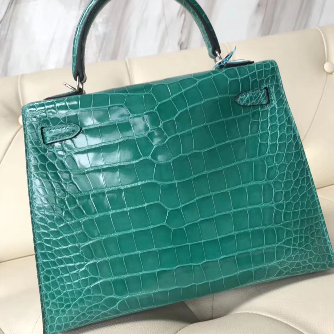 Hermès（爱马仕）Kelly25cm Alligator shiny 亮面方块鳄鱼 6Ｑ 翡翠绿 银扣