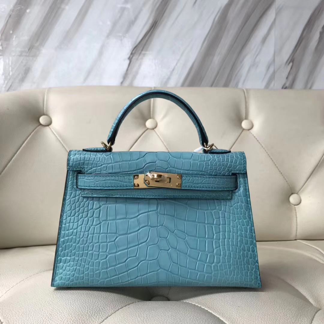 Hermès（爱马仕）Minikelly ll Alligator matt 雾面鳄鱼 3Z 圣西尔蓝 金扣