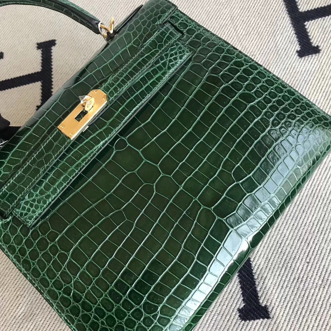 Hermès（爱马仕）Kelly28cm shiny porosus crocodile 澳洲湾鳄 ck67祖母绿 顶级工艺 全手工蜜蜡线缝 金扣