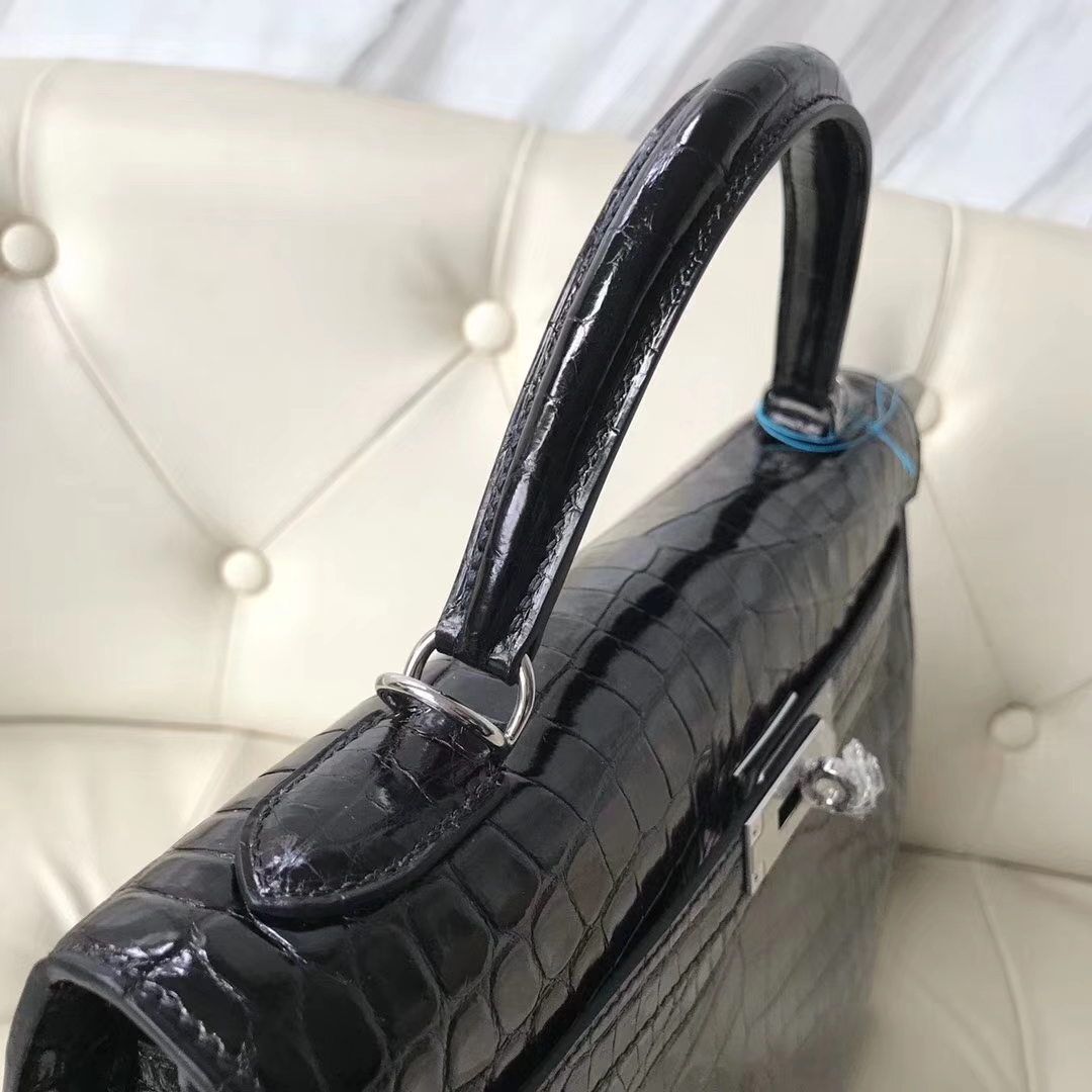 Hermès（爱马仕）Kelly shiny nilo crocodile 亮面尼罗鳄 ck89黑色 蜡线全手工 银扣 32cm