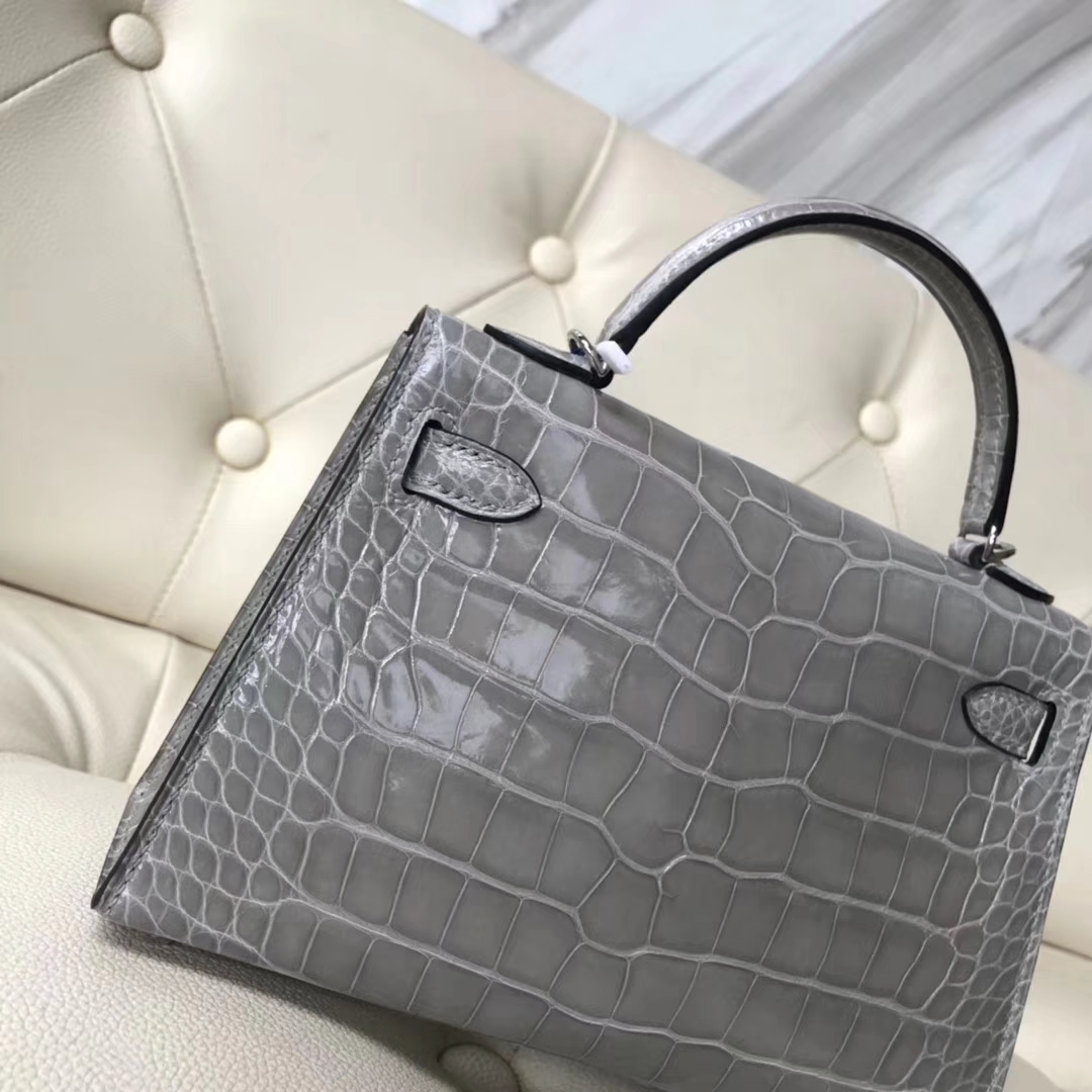 Hermès（爱马仕）Minikelly ll Alligator shiny 亮面鳄鱼 m8 巴黎灰 银扣