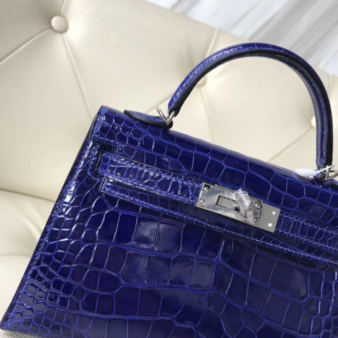 Hermès（爱马仕）Kelly 2代 19cm shiny alligator crocodile 亮面框框鳄鱼 7T电光蓝 顶级工艺 蜡线全手工 银扣