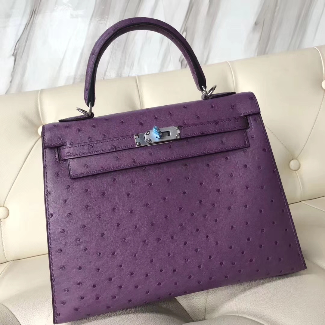 Hermès(爱马仕)Kelly25cm ostrich kk鸵鸟 P9海葵紫 顶级工艺 蜡线全手工 银扣 接受定制-拉尔森鳄鱼皮具定制 - 爱马仕包包官网 Hermès(爱马仕)Kelly25cm ostrich kk鸵鸟 P9海葵紫 顶级工艺 蜡线全手工 银扣 接受定制